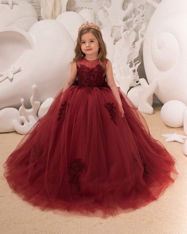 Burgundy Lace Tulle Flower Girl Dress Girls Party Dress