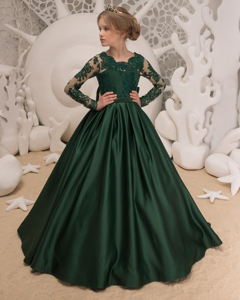 Dark Green Lace Satin Flower Girl Dress Girls Party Dress