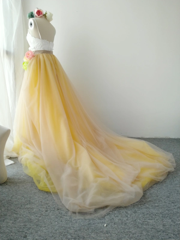 Light Champagne Yellow  Long Train Skirt Tulle Skirt 2 pieces Corset