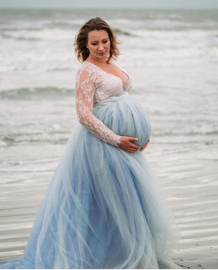 blue grey Long Train  for Mother Skirt Pregnant Skirt
