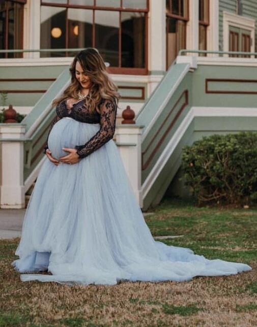 blue grey Long Train  for Mother Skirt Pregnant Skirt