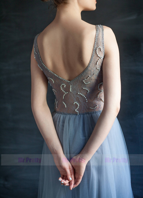 Grey Blue Tulle Beaded Prom Dress