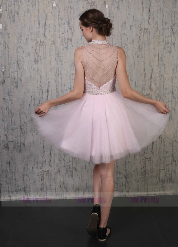 Pink Lace Tulle Prom Dress 2 Pieces Special Occasion Dress