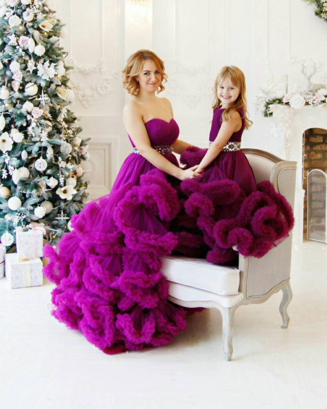 Purple Color Long Train Mother and Kids Parenting Dress