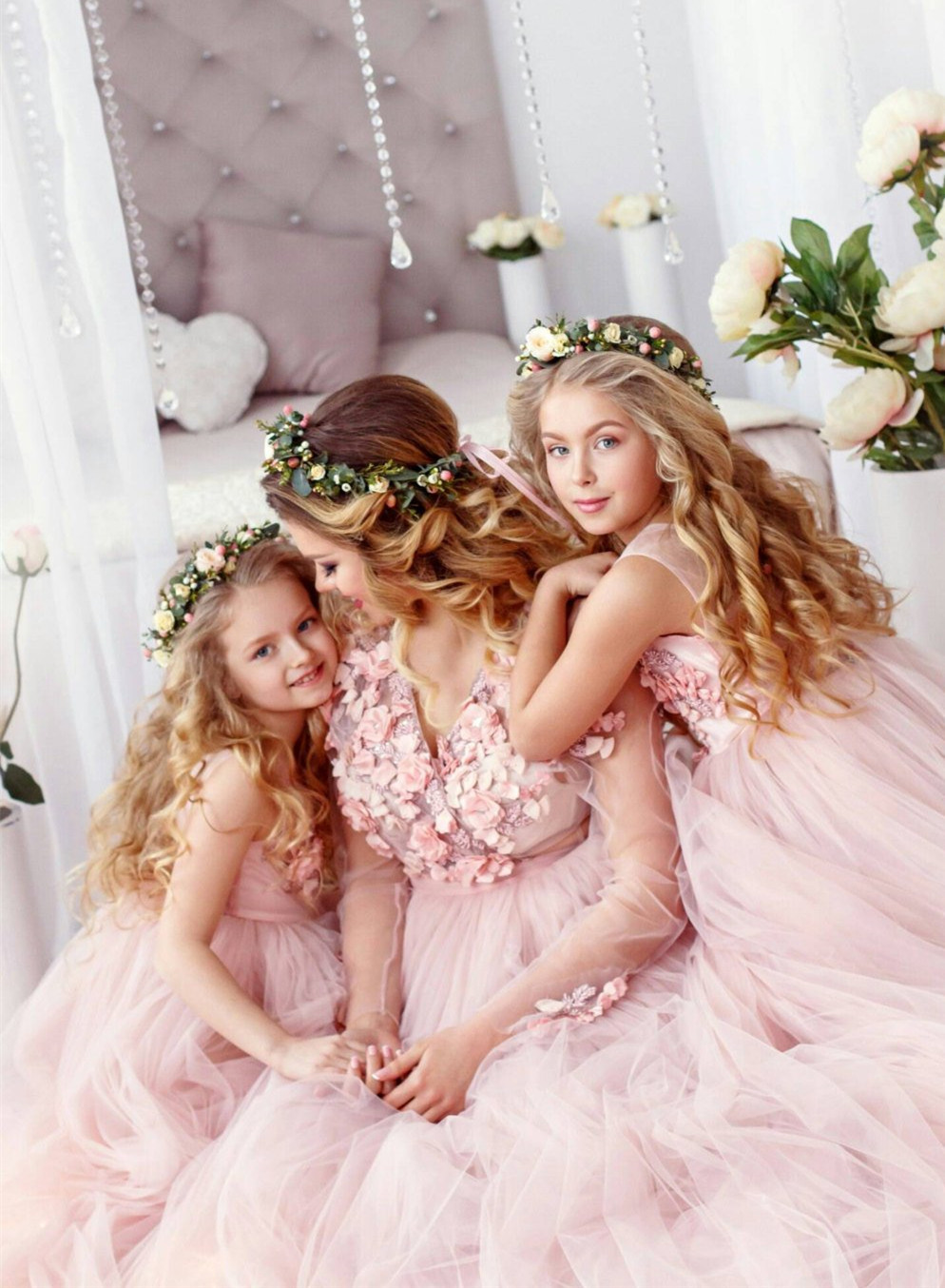Blush Color Long Train Mother and Kids Parenting Dress 2 Pieces