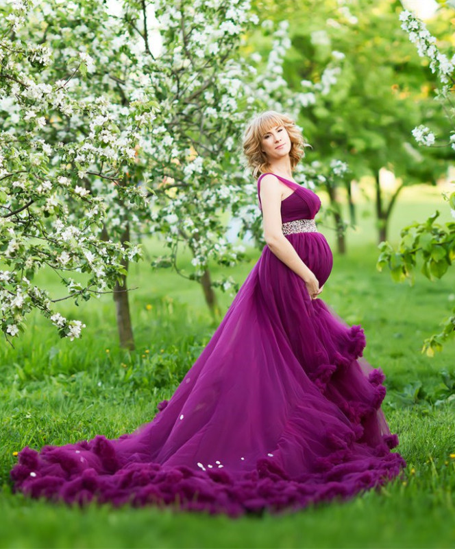 Purple Color Long Train Mother and Kids Parenting Dress