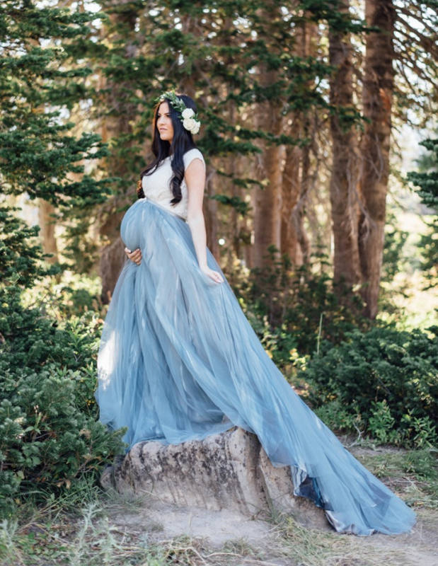 Grey Blue Color Long Train Maternity Dress
