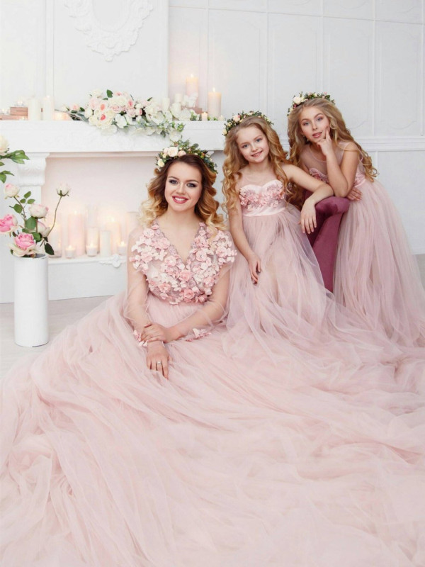 Blush Color Long Train Mother and Kids Parenting Dress 2 Pieces