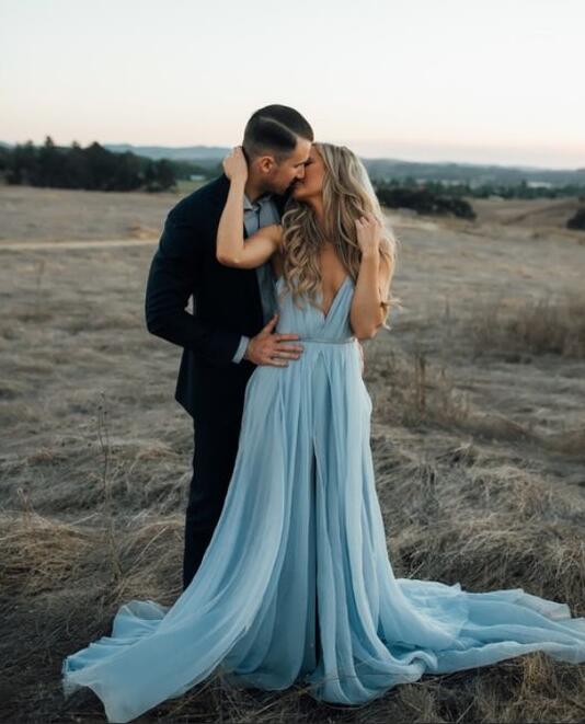 Grey Blue Chiffon Long Train Wedding 