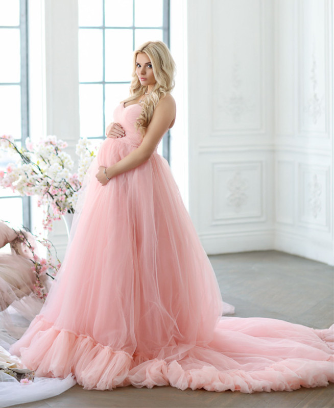 Pink Tulle Long Train Maternity Party Dresses Prom Dress