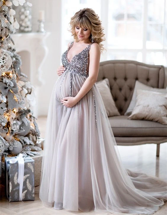 Light Grey Beaded Lace Maternity Party Dresses Prom Dress