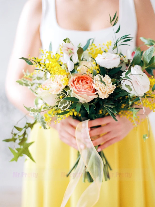 Yellow  Short Train Satin Bridal Skirt 2 Pieces Suit