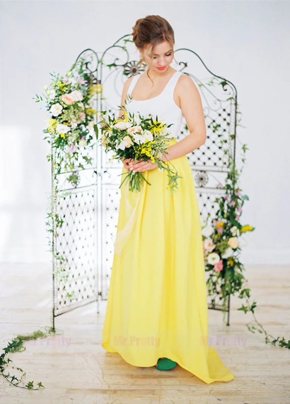 Yellow  Short Train Satin Bridal Skirt 2 Pieces Suit