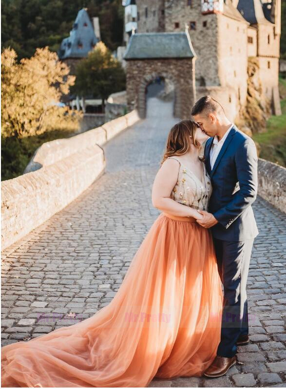 Coral long Train Tulle Party Skirt 2 Pieces Suit