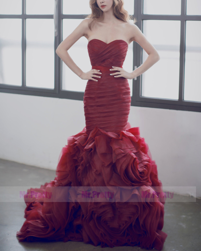 Burgundy Organza Long Train Bridal Dress Wedding Gown