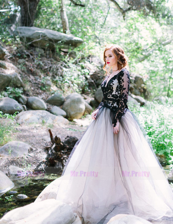 Navy Blue Lace Champagne Tulle Wedding Gown