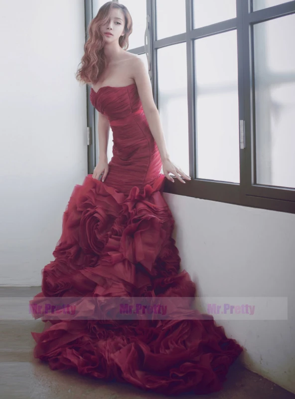 Burgundy Organza Long Train Bridal Dress Wedding Gown