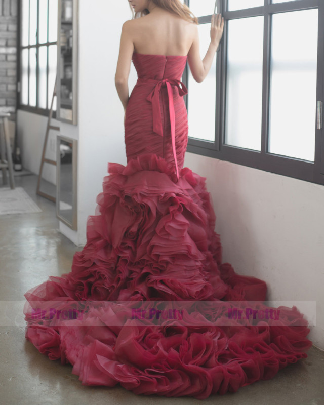 Burgundy Organza Long Train Bridal Dress Wedding Gown