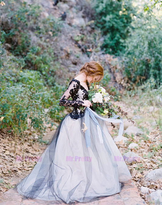 Navy Blue Lace Champagne Tulle Wedding Gown