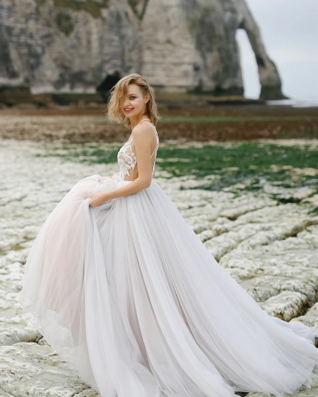 Ivory  Lace Tulle Long Train  Bridal Gown