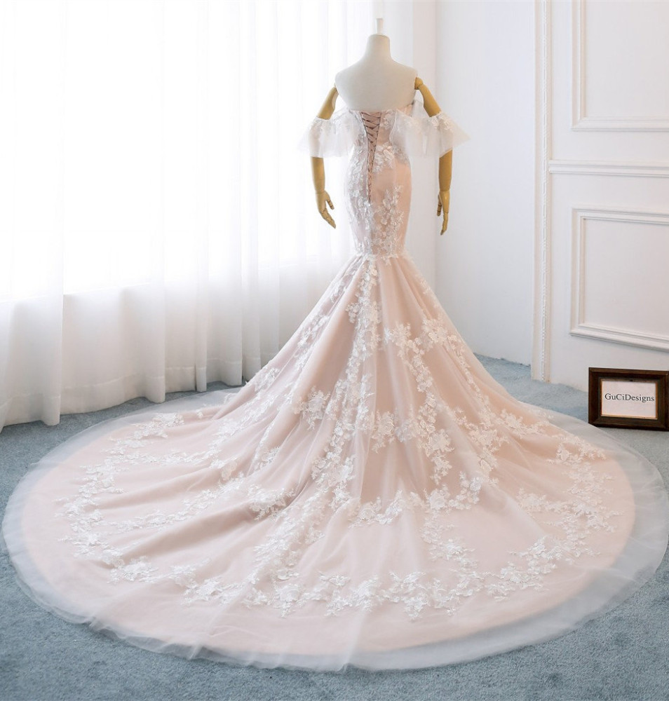 Mermaid Champagne Lace Tulle Long Train  Bridal Gown