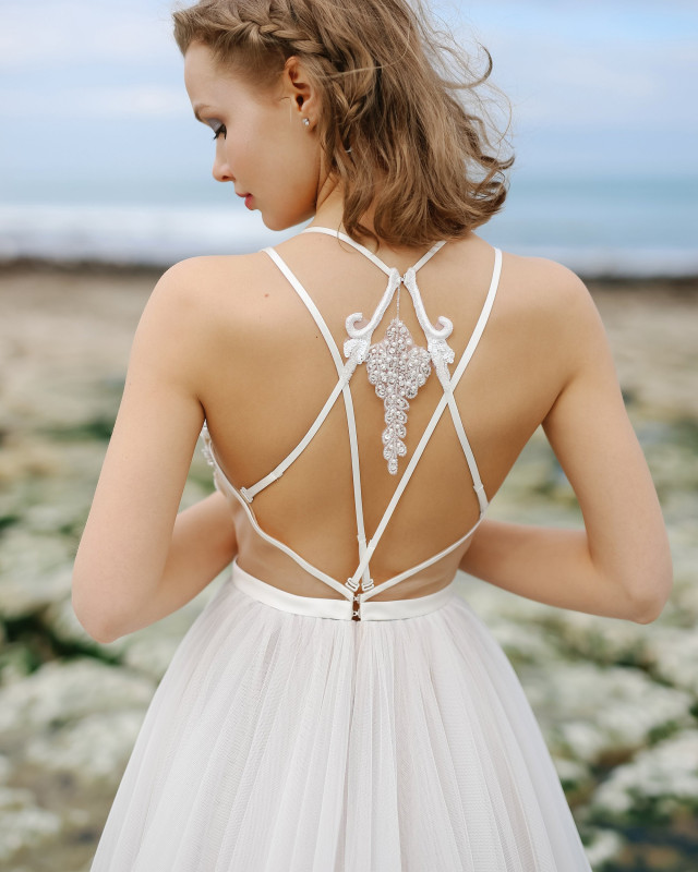 Ivory  Lace Tulle Long Train  Bridal Gown