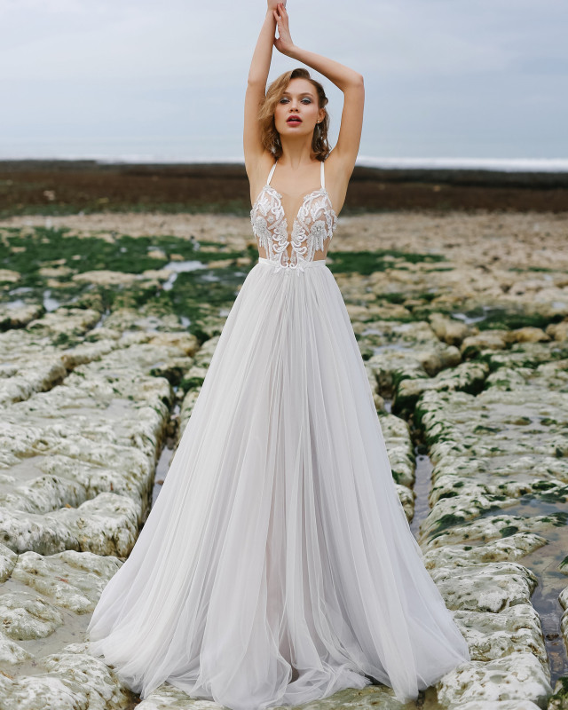 Ivory  Lace Tulle Long Train  Bridal Gown