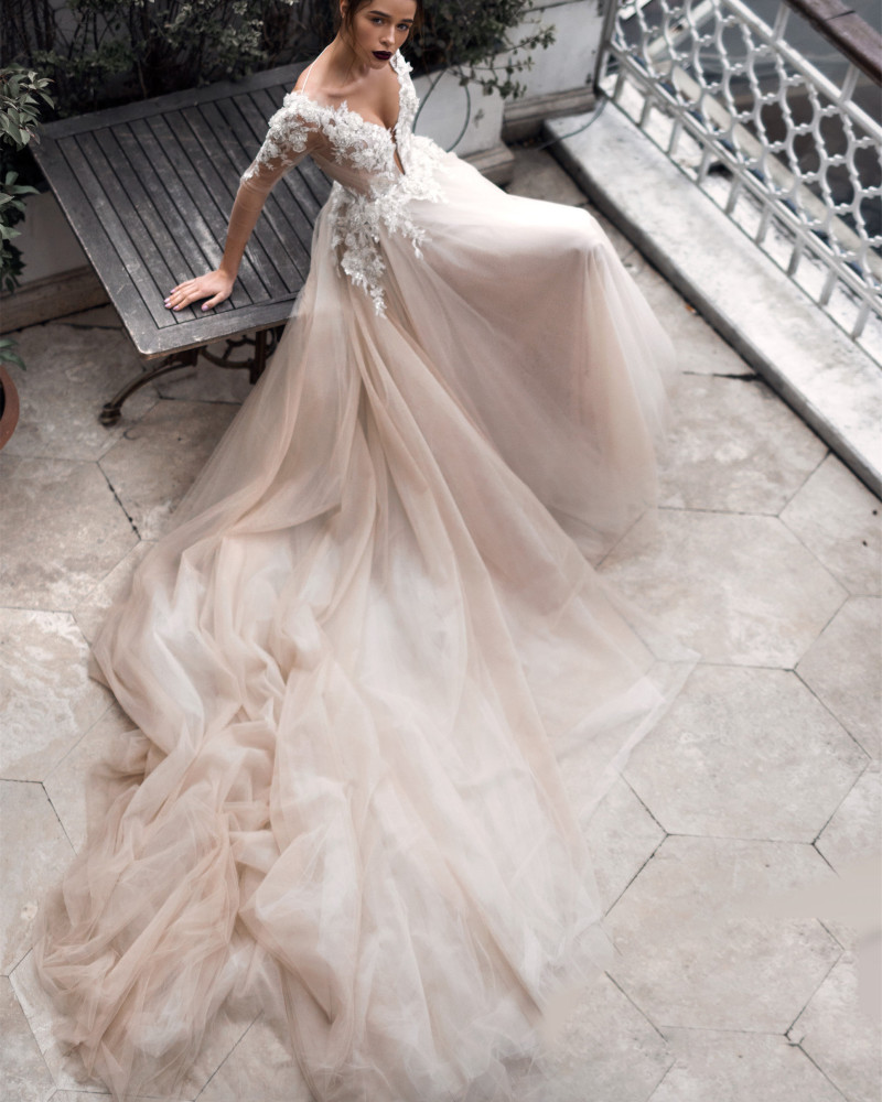 Ivory Lace Long Train Champagne Bridal Gown