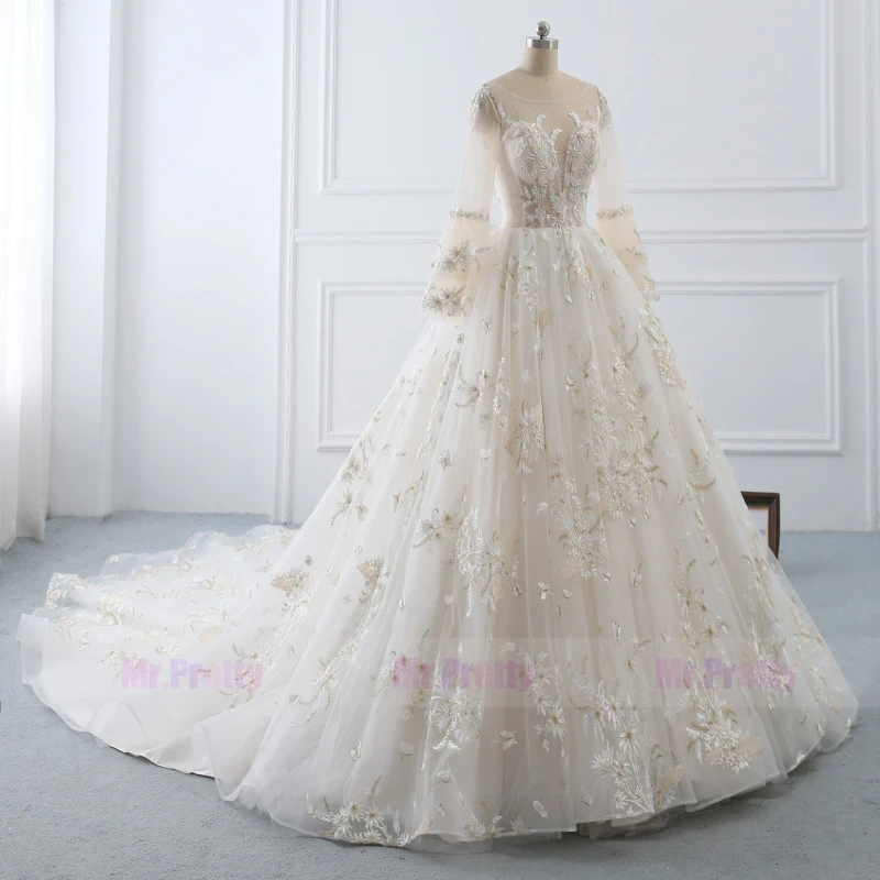 Ivory Lace Long Sleeve Long Train  Wedding Gown