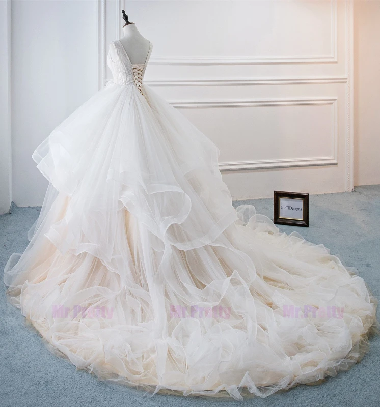 Ivory Lace Beaded Long Train  Wedding Gown