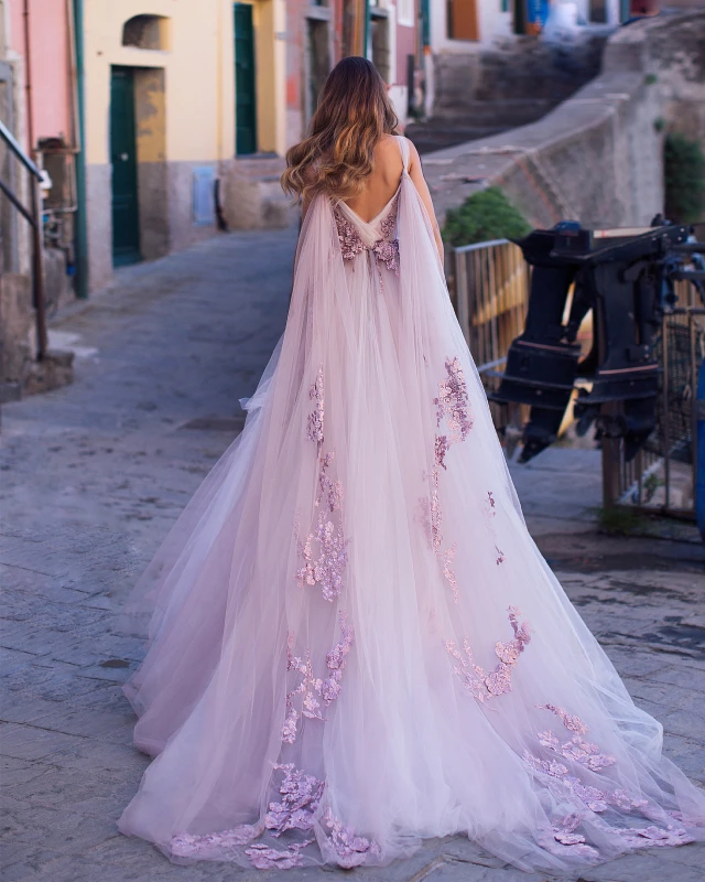 Mauve Ivory Tulle Long Train Bridal Gown