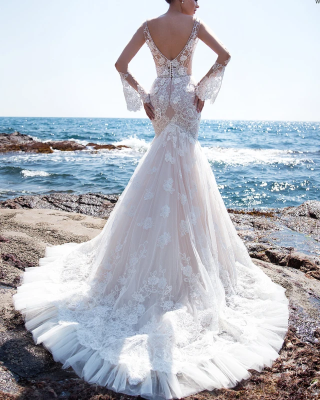 Light Champagne Mermaid Long Train Bridal Dress