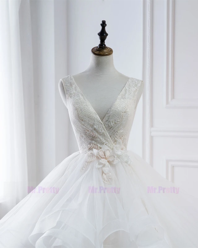 Ivory Lace Beaded Long Train  Wedding Gown