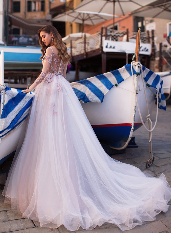 Mauve Ivory Tulle Long Train Long Sleeve Bridal Gown