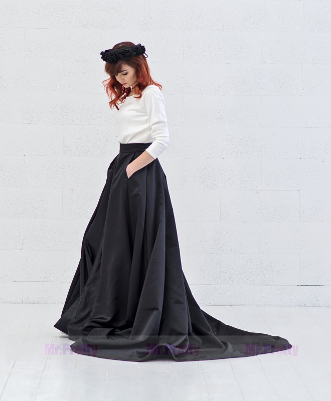 Black Satin Short Train Wedding Skirt