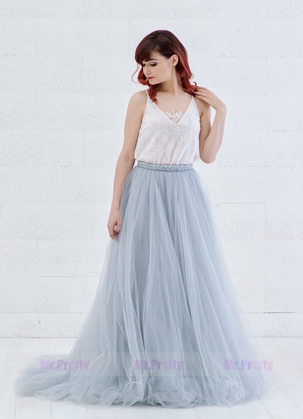 Dusty Bule Tulle Wedding Skirt 2 pieces Party Dress