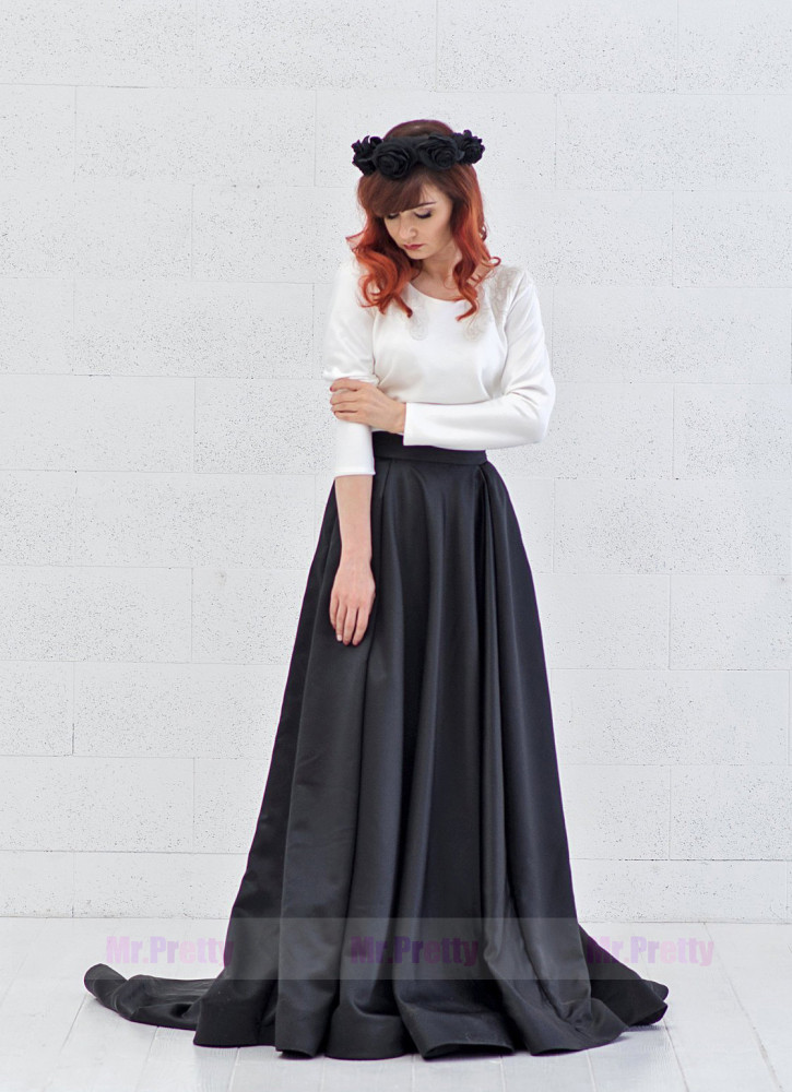 Black Satin Short Train Wedding Skirt