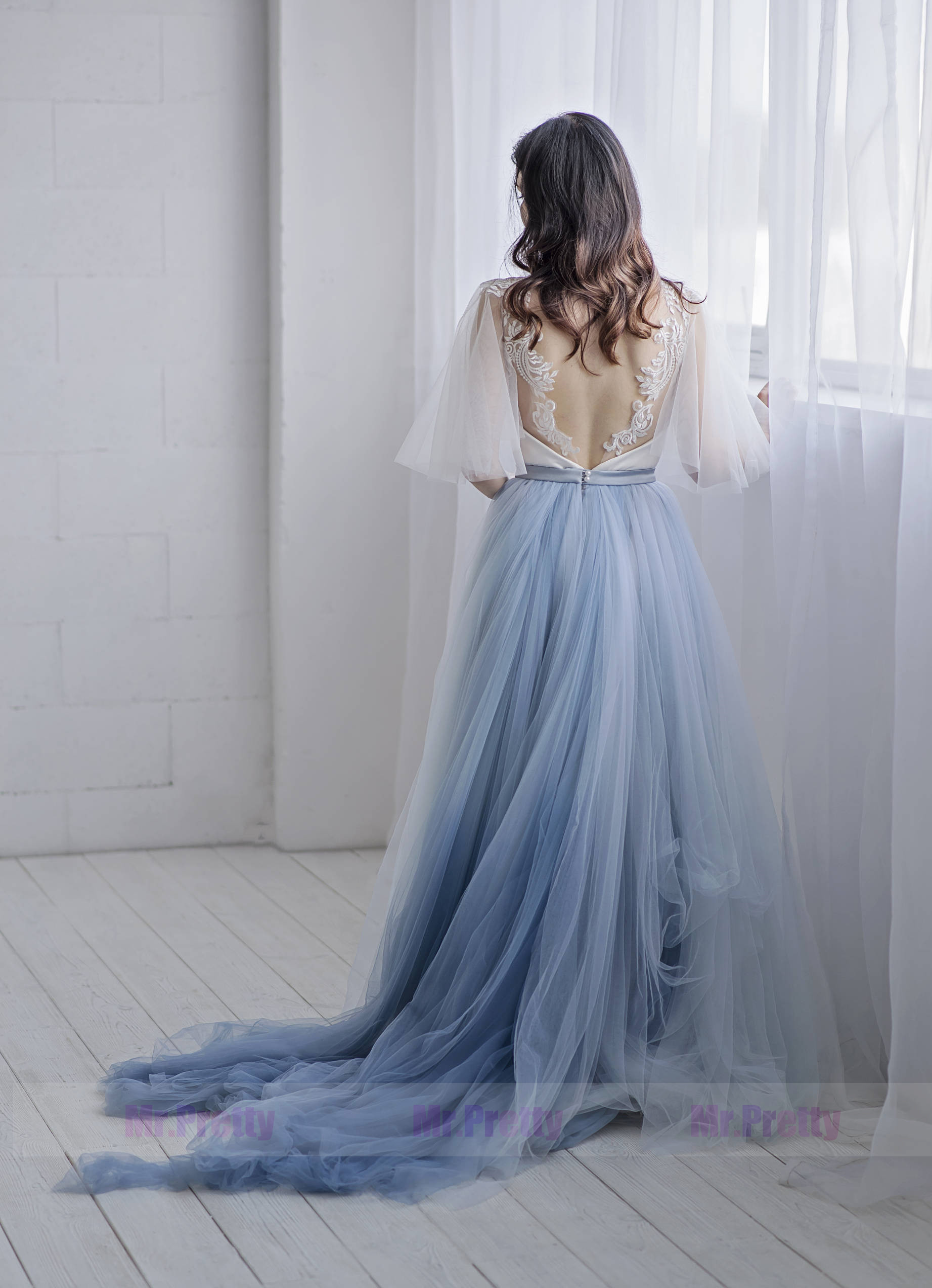 Dusty Blue Tulle Wedding Skirt 2 pieces Party Dress