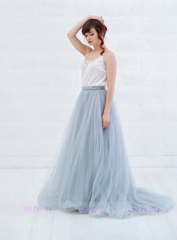 Dusty Bule Tulle Wedding Skirt 2 pieces Party Dress