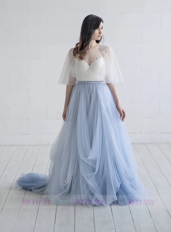 Dusty Blue Tulle Wedding Skirt 2 pieces Party Dress