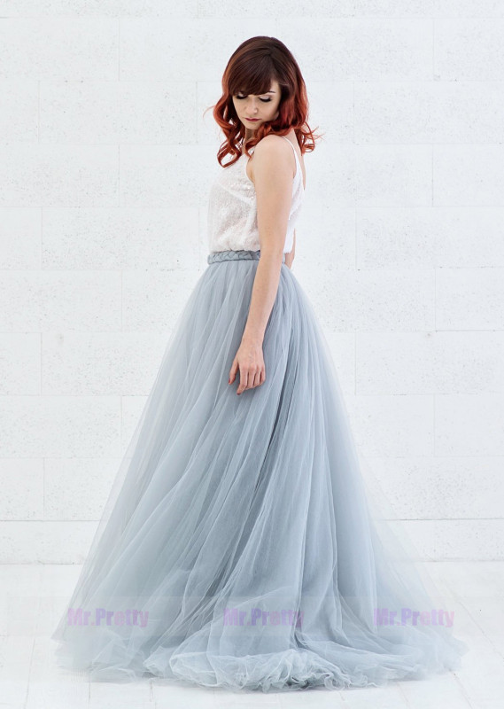 Dusty Bule Tulle Wedding Skirt 2 pieces Party Dress