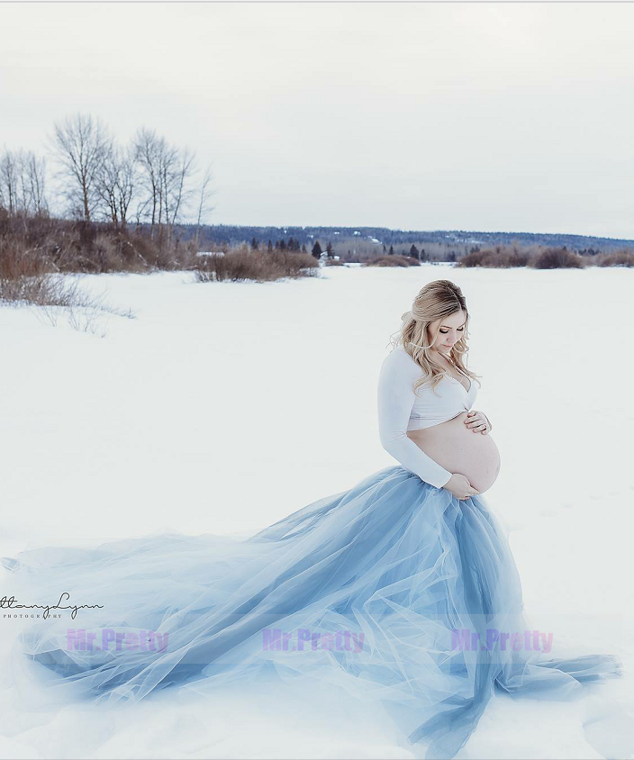 Grey Long Tulle Maternity Skirt Long Train Maternity Skirt