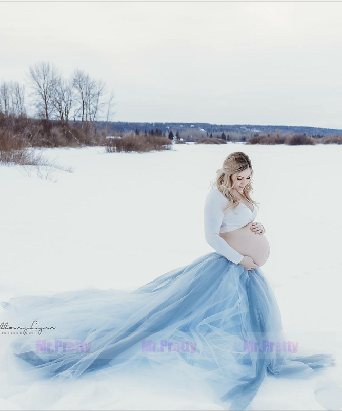 Grey Long Tulle Maternity Skirt Long Train Maternity Skirt