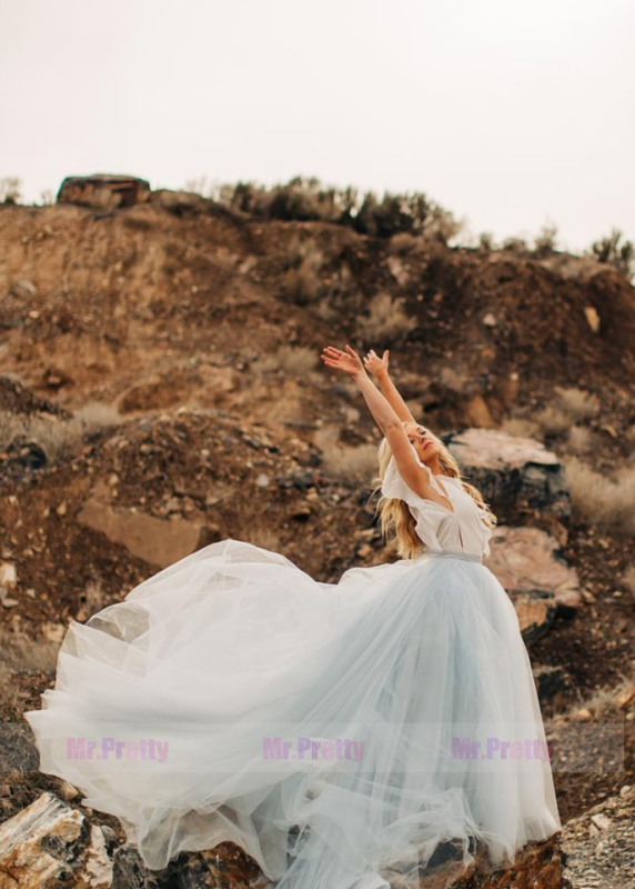 Grey Blue Tulle  Long Train Skirt Bridal Gown