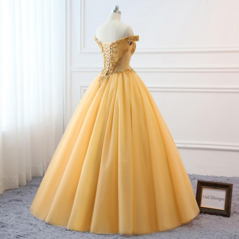 Gold Tulle Beads Prom Dress Bridesmaid Dress Sexy Prom Dress