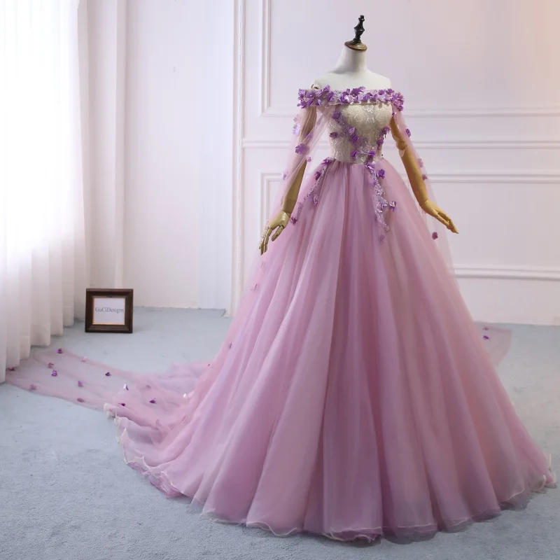 Purple Tulle Flowers Prom Dress Bridesmaid Dress Sexy Prom Dress