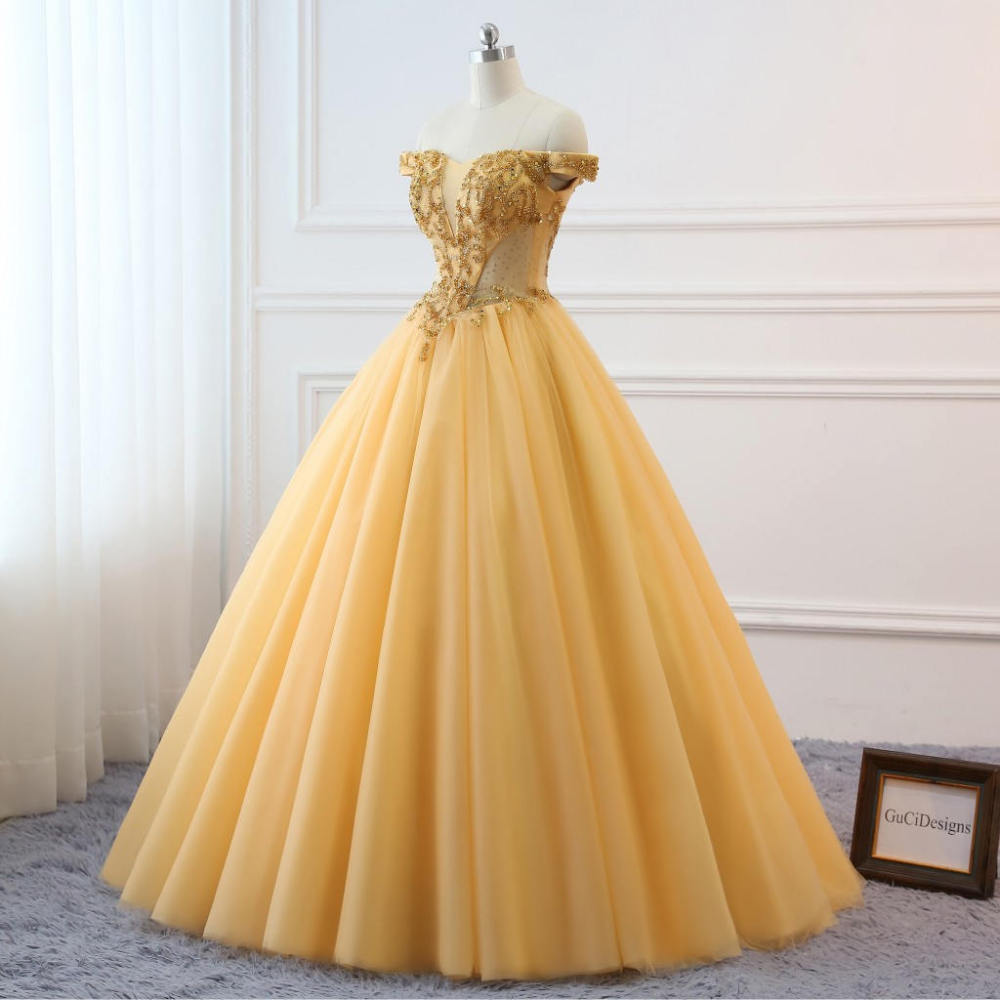 Gold Tulle Beads Prom Dress Bridesmaid Dress Sexy Prom Dress