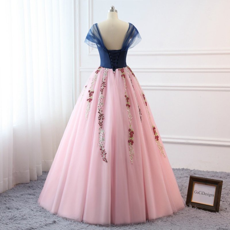 Navy Blue Lace Pink Prom Dress Bridesmaid Dress Sexy Prom Dress