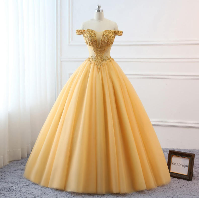 Gold Tulle Beads Prom Dress Bridesmaid Dress Sexy Prom Dress