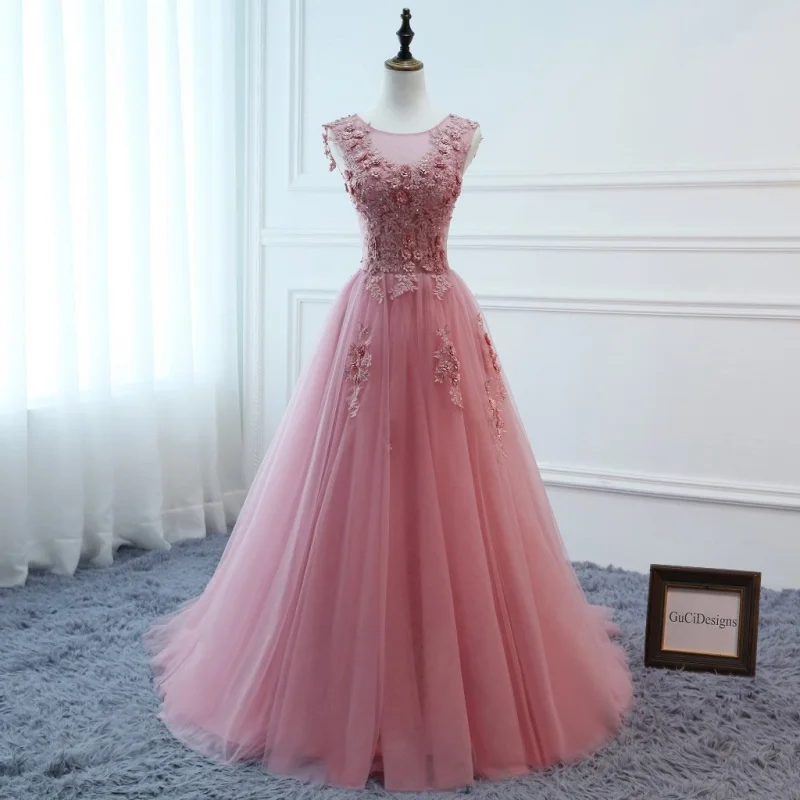 Pink Tulle Beads Prom Dress Bridesmaid Dress Sexy Prom Dress